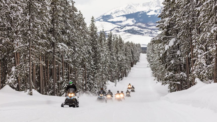 Snowmobiles riding the park road