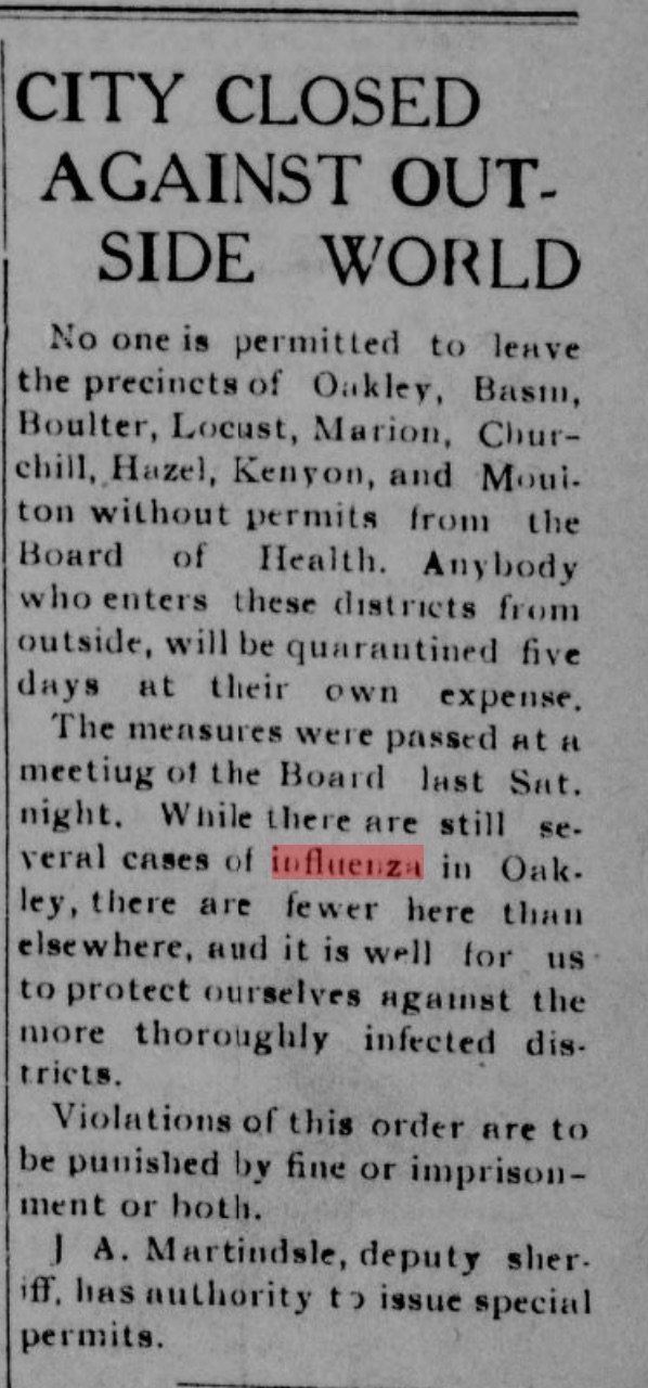 Newspaper document from Oakley (1918-1920) stating "City Closed Against Outside World"