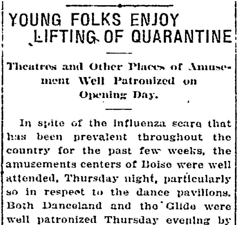 "Young Folks Enjoy Lifting of Quarantine" newspaper clipping from Idaho Statesman, November 29, 1918