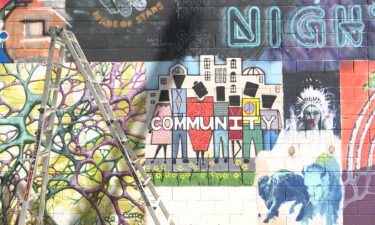 ladder leans next to a community mural