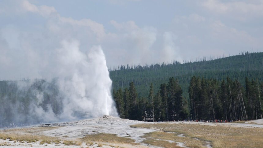 On August 26, a small smoke plume rises along the Continental Divide south of a busy Old Faithful during its regular eruption. Credit- Clayton Hanson, Fire Information