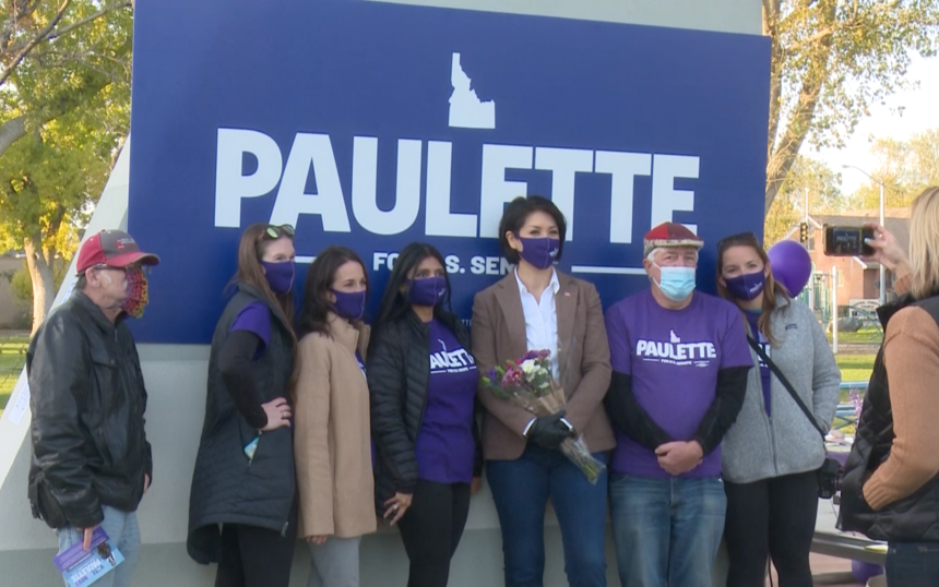 Paulette Jordan takes picture with supporters at campaign event