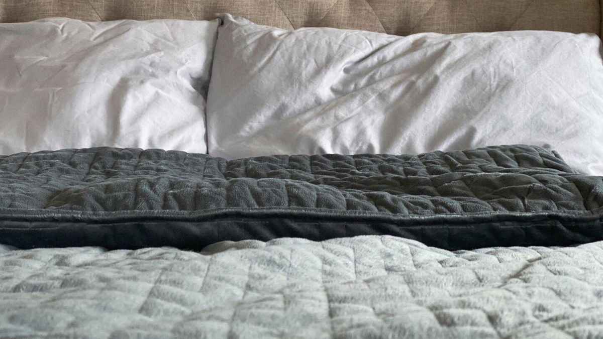 2A5M87D Still life of gray, weighted, blanket in bedroom