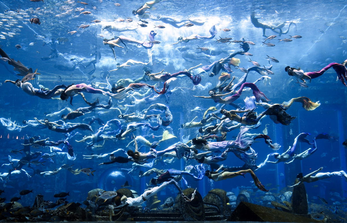 110 divers perform under water as they set a new Guinness World Record for the 'largest underwater mermaid show' at Atlantis resort on April 28, 2021 in Sanya, Hainan Province of China. (Photo by Wu Wei/VCG via Getty Images)