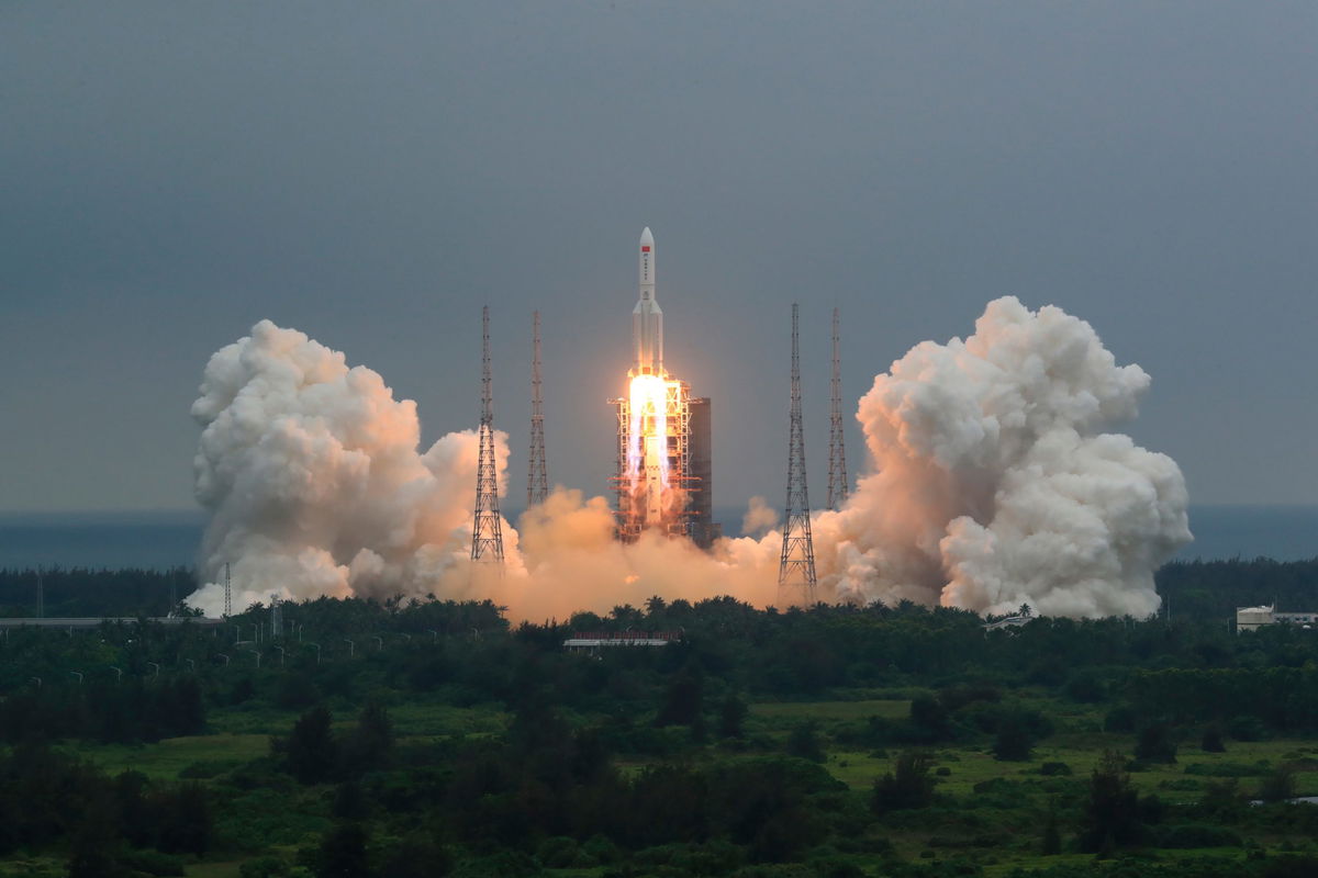In this photo released by China's Xinhua News Agency, a Long March 5B rocket carrying a module for a Chinese space station lifts off from the Wenchang Spacecraft Launch Site in Wenchang in southern China's Hainan Province, Thursday, April 29, 2021.
