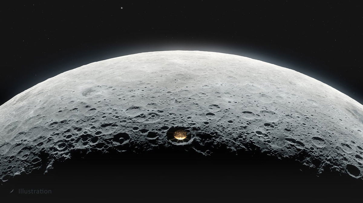 This illustration shows the proposed Lunar Crater Radio Telescope on the far side of the moon.
