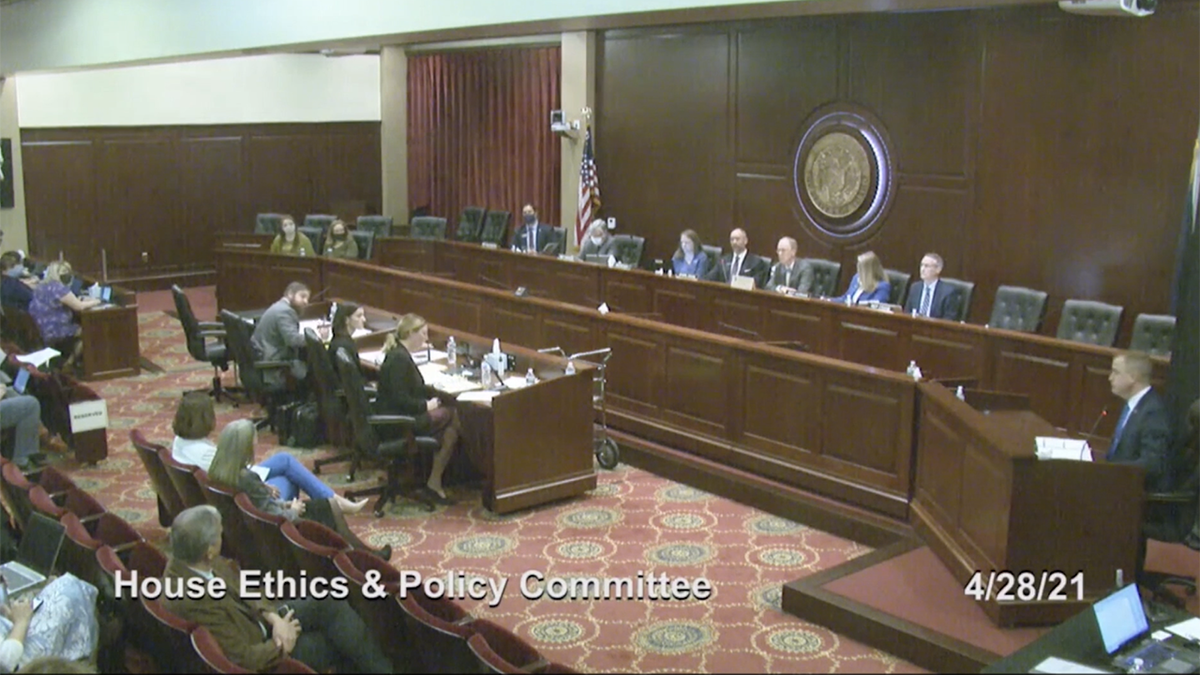 Idaho state Rep. Aaron von Ehlinger, a Republican from Lewiston, in a House Ethics & Policy Committee hearing.