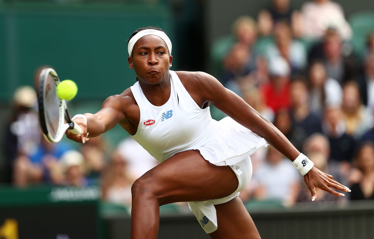 Coco Gauff competes in a match against Angelique Kerber of Germany during Wimbledon on July 5 in London, England. Gauff will miss the Tokyo Olympics after announcing on Twitter July 18 she tested positive for Covid-19.