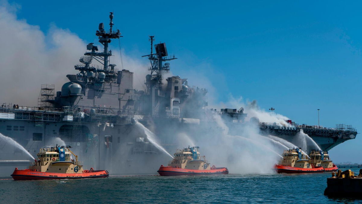 <i>MC3 Christina Ross/US Navy</i><br/>The US Navy has charged a sailor in connection with the 2020 fire that destroyed the USS Bonhomme Richard amphibious warship while it was in port in San Diego