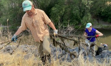 ISU Professor Colden Baxter picks up trash at Portneuf River Cleanup