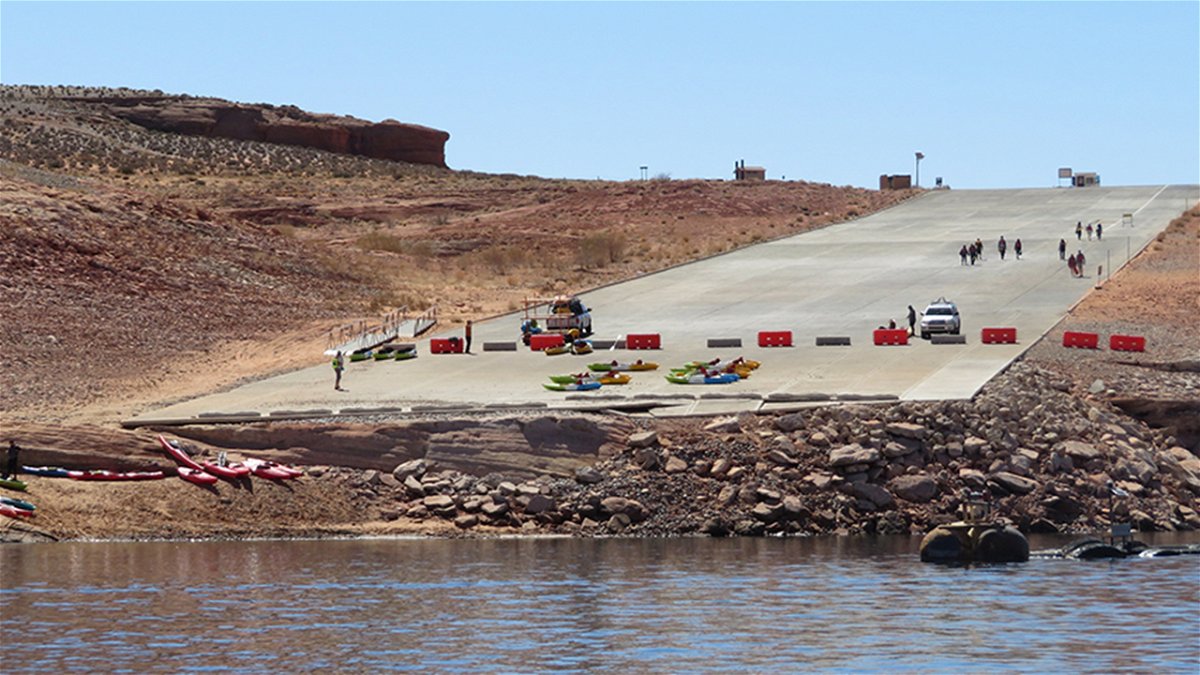 The public launch ramp at Antelope Point, late March, 2021.