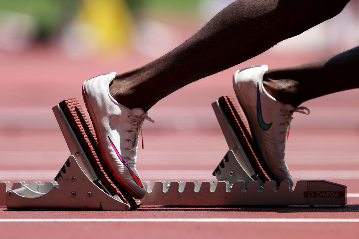 <i>Patrick Smith/Getty Images AsiaPac/Getty Images</i><br/>A runner takes to the starting blocks during the men's 400m heats at the Tokyo Olympics.