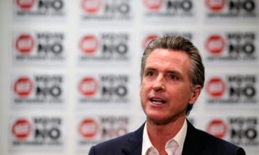 California Gov. Gavin Newsom is photographed during a TV interview on Sunday