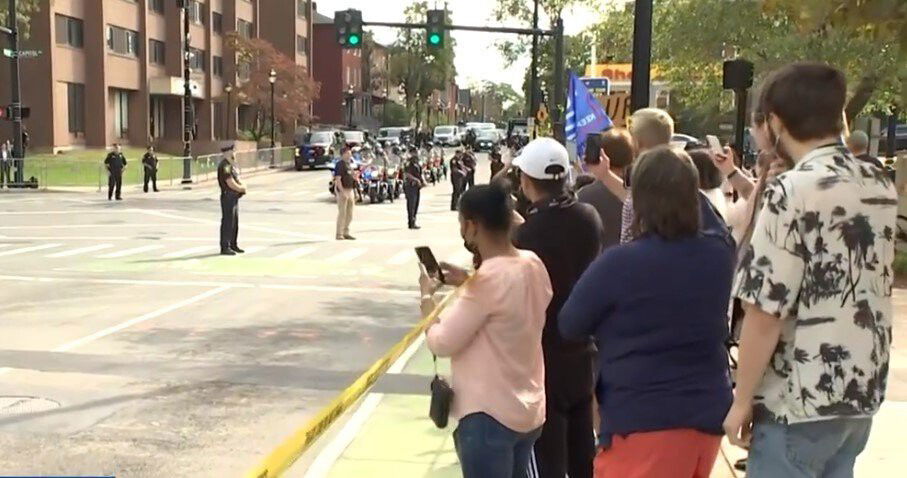 <i>WFSB</i><br/>Protesters gathered Friday morning in Hartford ahead of a visit from President Joe Biden's visit. Several roads were closed around the state Capitol