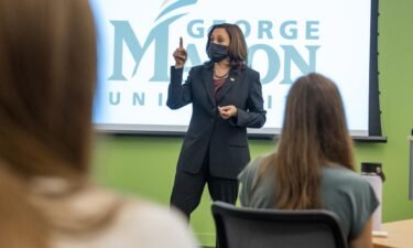 Vice President Kamala Harris visits a political science class to commemorate National Voter Registration Day at George Mason University in Fairfax