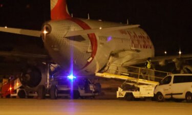 The AirArabia plane is pictured after making an emergency landing at Palma de Mallorca's Airport on November 5