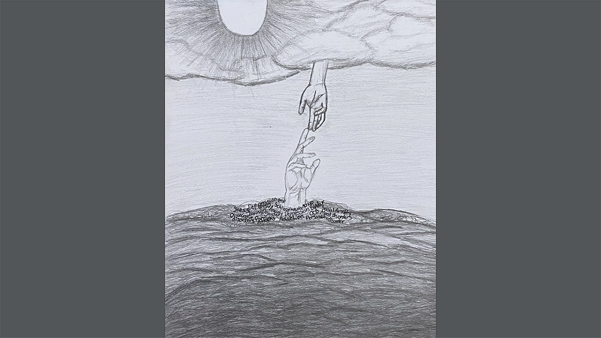 Jaanai Guajardo’s dramatic pencil sketch of outstretched hands amid the turmoil of the pandemic is the winner of this year’s Picture My Future student art contest.