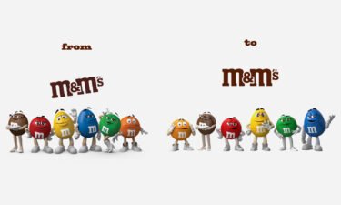 M&Ms old logo and characters are shown on the left