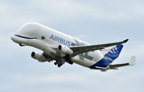 Airbus' Beluga XL takes off from Toulouse Blagnac airport on April 30