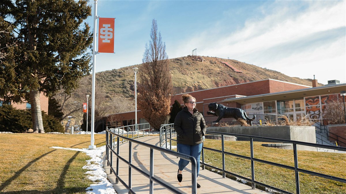A student makes their way across Idaho State University's Pocatello campus on the second day of the spring semester.