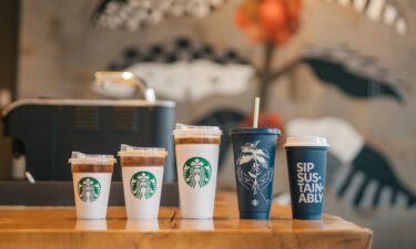 A promotional photo shows examples of Starbucks' reusable cups.