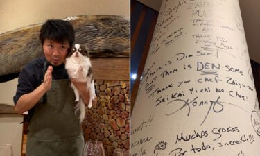 Left: Chef Zaiyu Hasegawa with his beloved pup; right