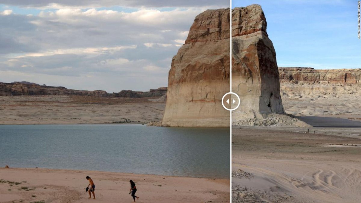 <i>Getty</i><br/>The second-largest man-made reservoir in the country has dropped to unthinkable lows amid the West's climate change-driven megadrought. A picture shows before and after picture of the reservoir.