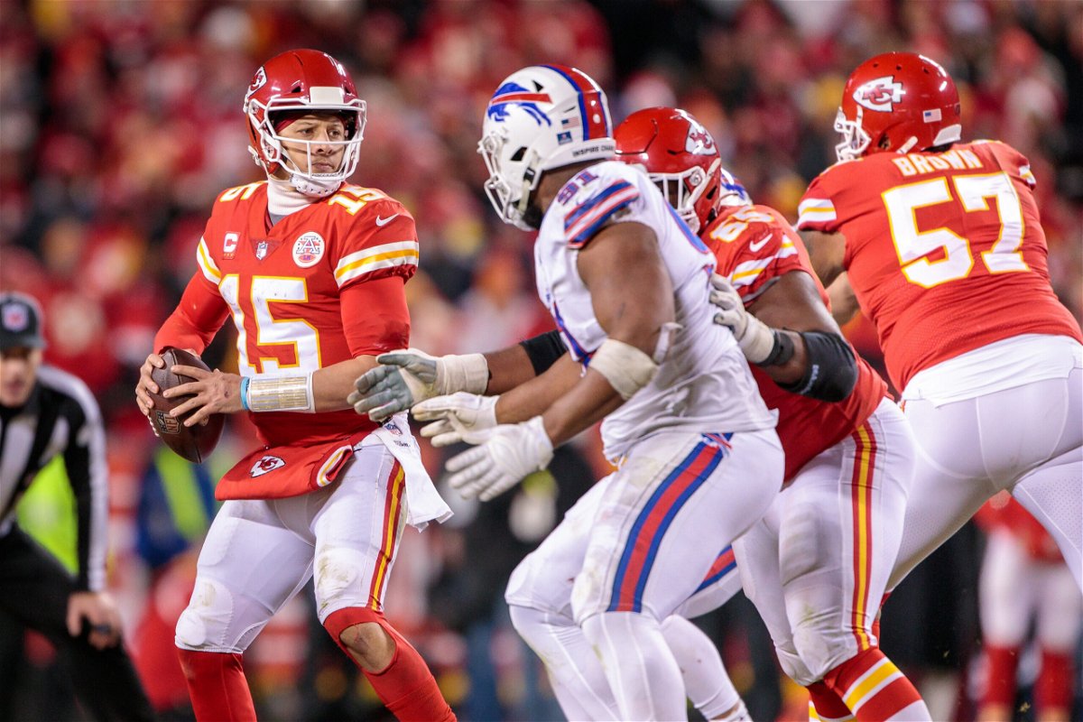 <i>William Purnell/Icon Sportswire/Getty Images</i><br/>Kansas City Chiefs quarterback Patrick Mahomes looks to pass to the end zone against the Buffalo Bills.