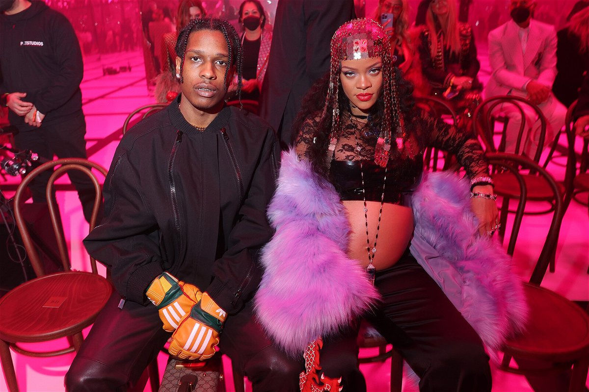 <i>Victor Boyko/Getty Images for Gucci</i><br/>A$AP Rocky and Rihanna are seen at the Gucci show during Milan Fashion Week Fall/Winter 2022/23 on February 25 in Milan