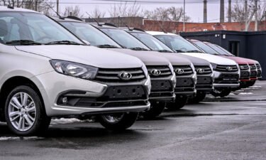 Lada cars at a dealership in Russia on April 1.