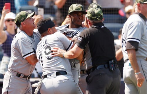 Tim Anderson is restrained by teammate José Abreu during Saturday's game in New York.