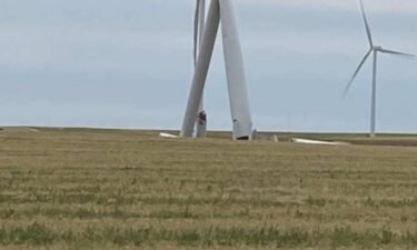 Fleming Volunteer Fire Department says they received a call Wednesday of blades falling off one turbine. When crews got on scene they found an entire tower had snapped in half and collapsed.