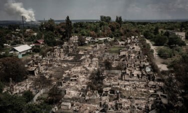 An aerial view shows destroyed houses after a strike in the town of Pryvillya at the eastern Ukrainian region of Donbas on June 14