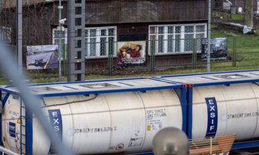 Photographs of Russia's war in Ukraine displayed along the railway station where trains from Moscow to Kaliningrad pass by