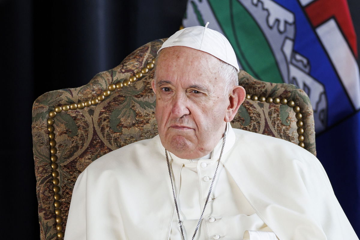 <i>Cole Burston/Getty Images</i><br/>Pope Francis listens to indigenous drummers as he is welcomed to Canada