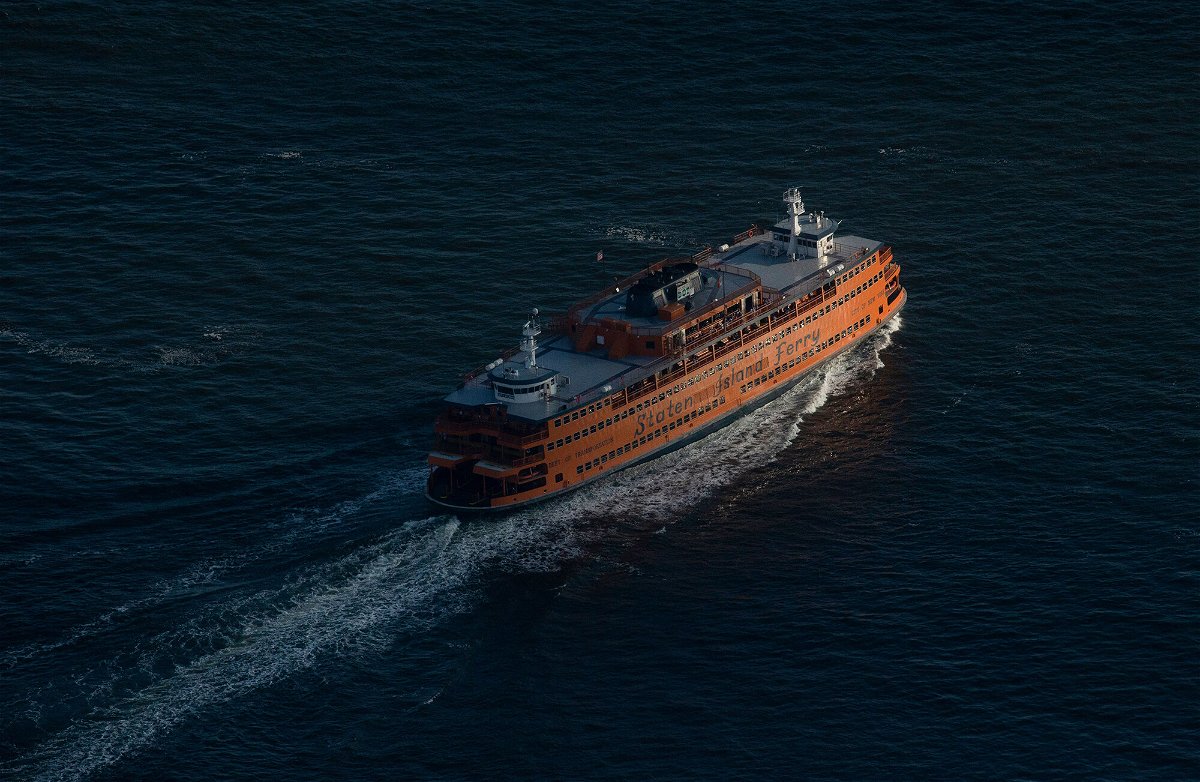 <i>Kena Betancur/AFP/Getty Images</i><br/>An aerial view of the Staten Island Ferry is seen on the Hudson river in New York City on August 5