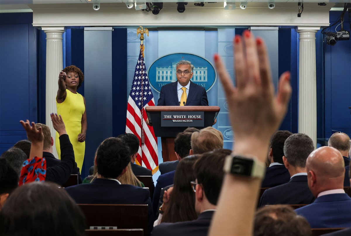 <i>Kevin Dietsch/Getty Images</i><br/>White House Covid-19 Response Coordinator Dr. Ashish Jha speaks alongside White House press secretary Karine Jean-Pierre at the White House on June 2. Americans will soon be able to get a new coronavirus vaccine booster shot.