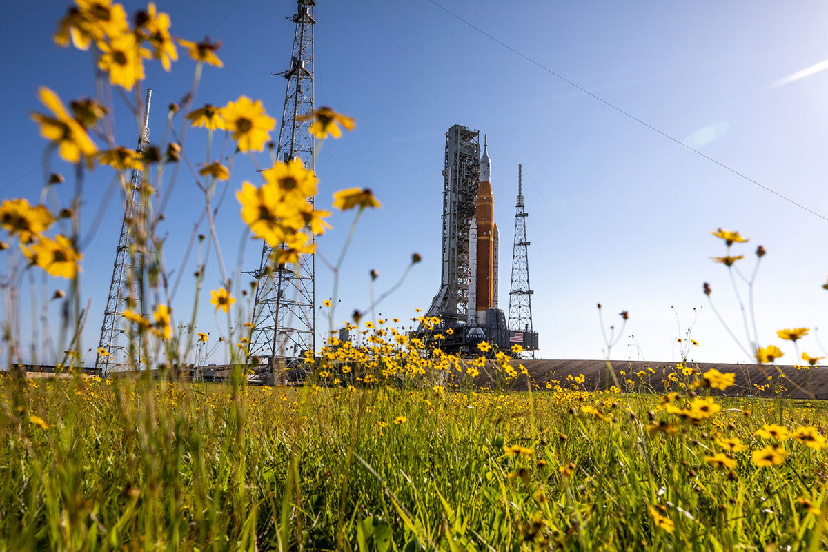<i>Ben Smegelsky/NASA</i><br/>NASA's Artemis I Moon rocket arrives at Launch Pad 39B at the agency's Kennedy Space Center in Florida on June 6.
