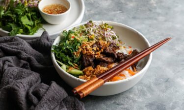 Pictured is a bowl of traditional Vietnamese noodle salad - Bun Bo Nam Bo