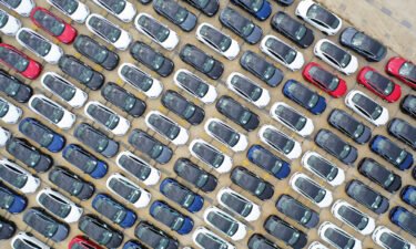 Aerial view of electric vehicles to be shipped aboard at Nangang port on May 15 in Shanghai