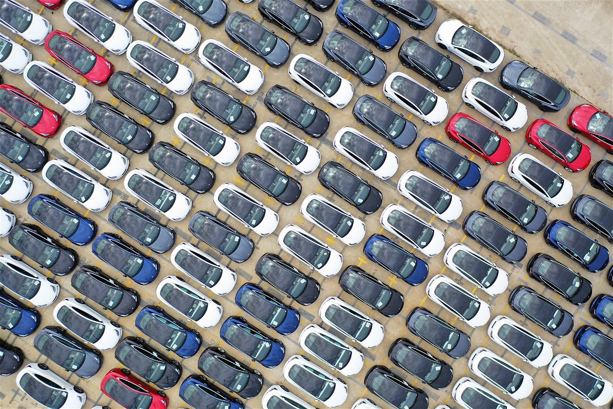<i>Shen Chunchen/VCG/Getty Images</i><br/>Aerial view of electric vehicles to be shipped aboard at Nangang port on May 15 in Shanghai