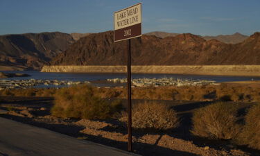 A sign marks the water line from 2002 near Lake Mead at the Lake Mead National Recreation Area on July 9