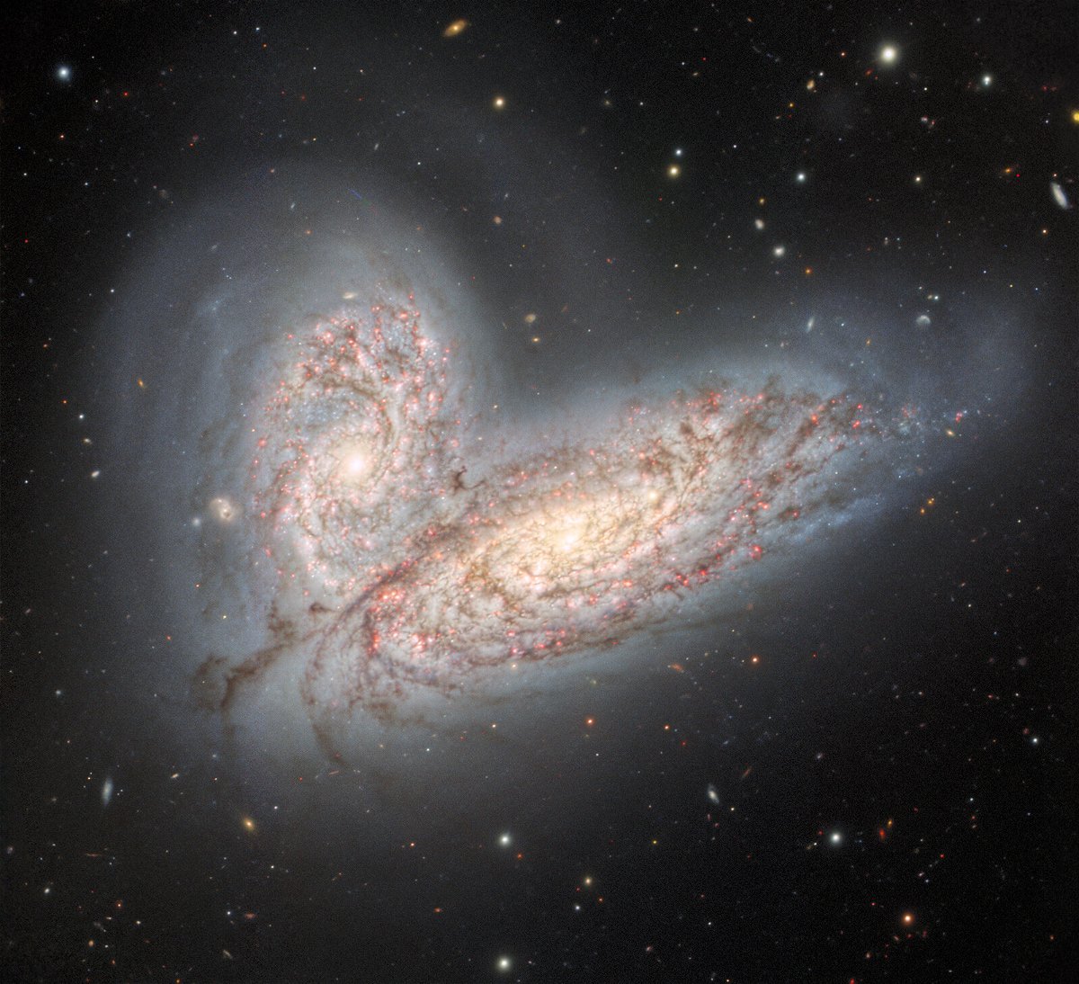 <i>International Gemini Observatory/NOIRLab/NSF/AURA</i><br/>This image from the Gemini North telescope in Hawaii reveals a pair of interacting spiral galaxies — NGC 4568 (bottom) and NGC 4567 (top) — as they begin to clash and merge. The galaxies will eventually form a single elliptical galaxy in around 500 million years.