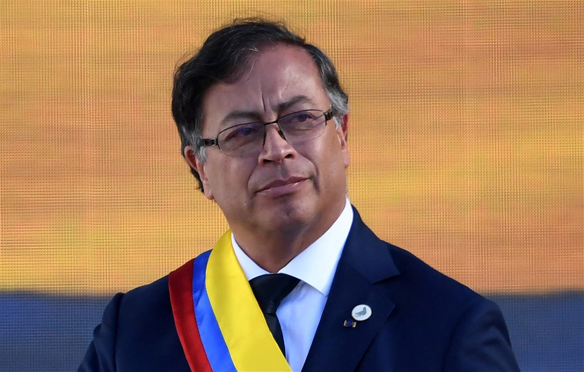 <i>Juan Barreto/AFP/Getty Images</i><br/>Colombia's President Gustavo Petro delivers a speech after his inauguration ceremony at Bolivar Square in Bogota