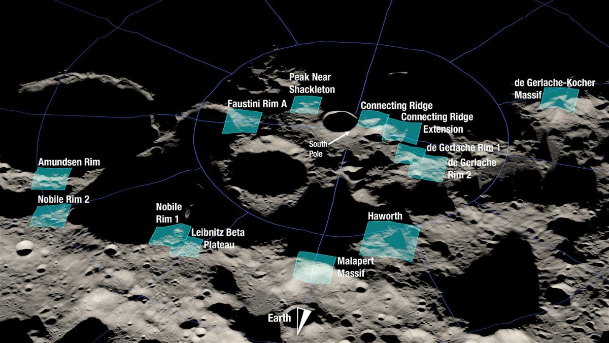 <i>NASA</i><br/>A NASA rendering shows the 13 potential landing regions for Artemis III. Each region is approximately 9.3 by 9.3 miles (15 by 15 kilometers).