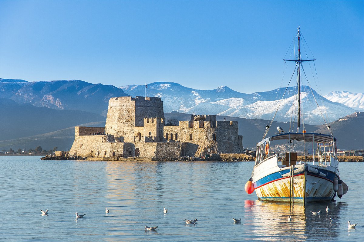 <i>Adobe Stock</i><br/>The Bourtzi water castle is a small island with a fortress at the coast of Nafplio in Greece