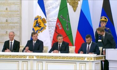 The annexation documents were signed between Putin on behalf of the Russian Federation and the heads of the self-proclaimed Donetsk and Luhansk People’s Republics and of occupied parts of Zaporizhzhia and Kherson regions.