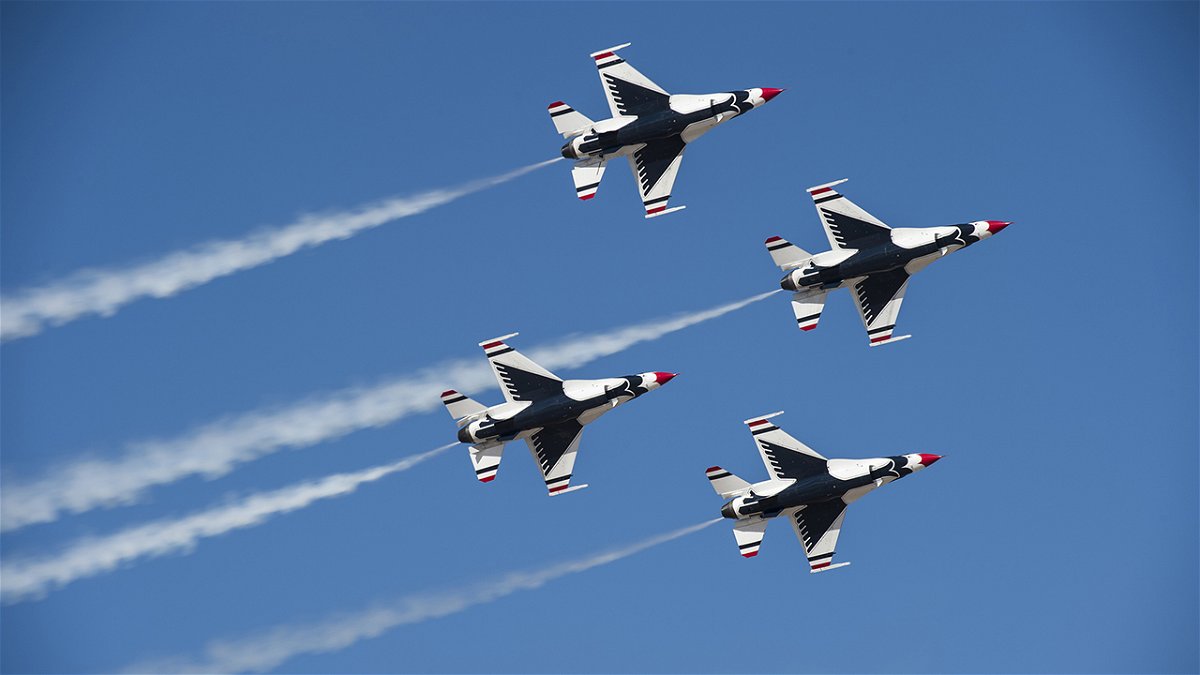 The United States Air Force Thunderbirds, the Air Force’s F-16 air demonstration squadron, fly over Gowen Field Oct. 14, 2017 during Gowen Thunder 2017, the Idaho National Guard’s first open house and airshow in more than 20 years.