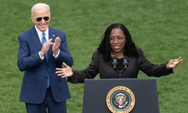 Judge Ketanji Brown Jackson (right) speaks as President Joe Biden reacts at an event celebrating Jackson's confirmation to the Supreme Court at the White House on April 8.