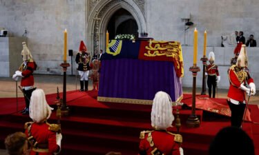 The coffin of Britain's Queen Elizabeth II arrives at Westminster Hall from Buckingham Palace for her lying in state